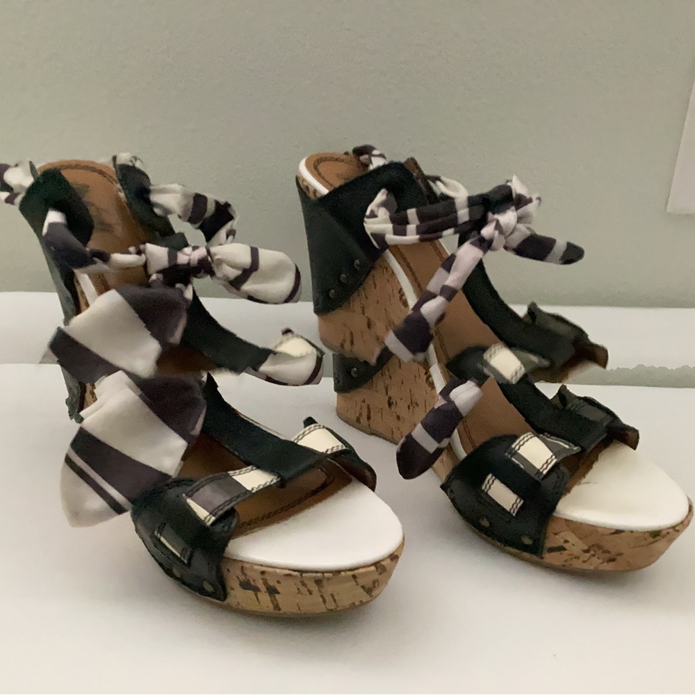 Miss Sixty White & Black Leather T Strap Ankle Wrap Studded Open Toe Wedge